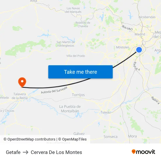 Getafe to Cervera De Los Montes map