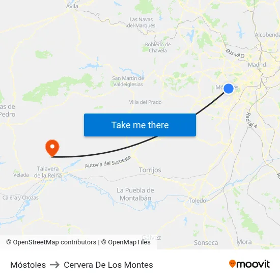 Móstoles to Cervera De Los Montes map