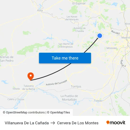 Villanueva De La Cañada to Cervera De Los Montes map
