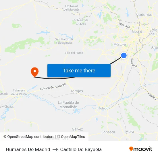 Humanes De Madrid to Castillo De Bayuela map