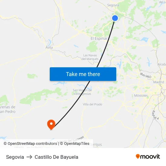 Segovia to Castillo De Bayuela map