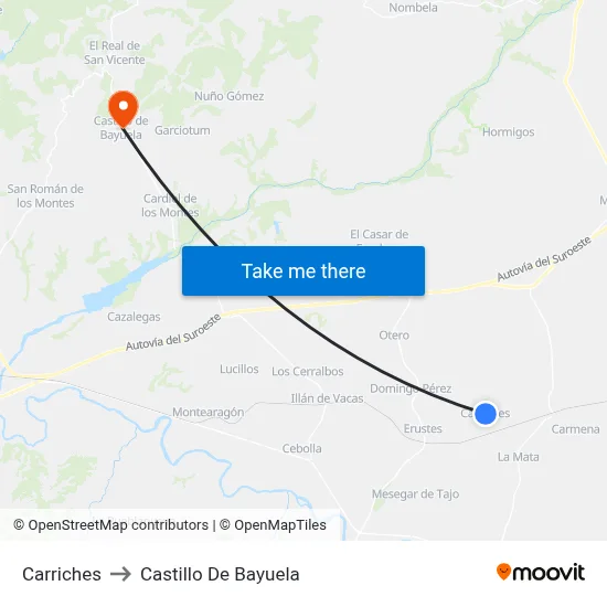 Carriches to Castillo De Bayuela map