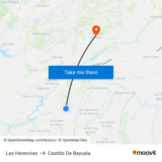 Las Herencias to Castillo De Bayuela map
