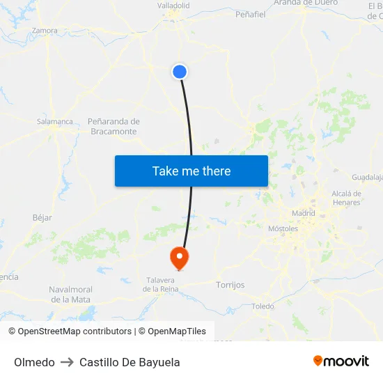 Olmedo to Castillo De Bayuela map