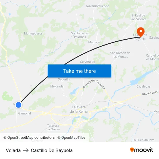 Velada to Castillo De Bayuela map