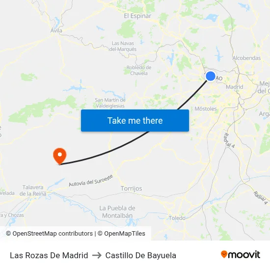 Las Rozas De Madrid to Castillo De Bayuela map
