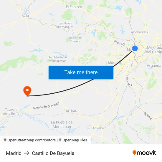 Madrid to Castillo De Bayuela map