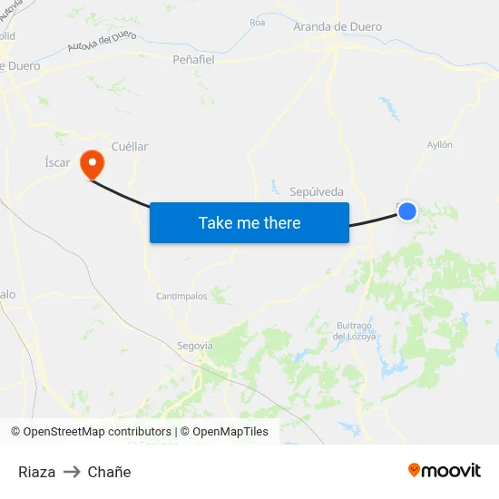 Riaza to Chañe map