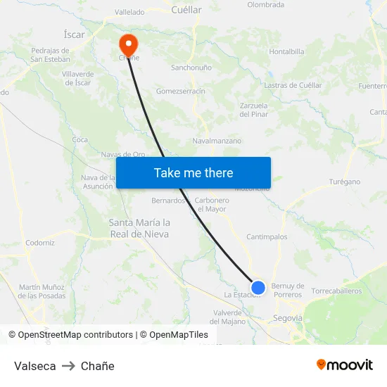 Valseca to Chañe map