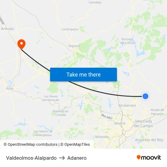 Valdeolmos-Alalpardo to Adanero map