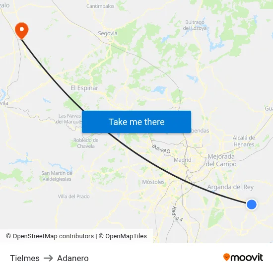 Tielmes to Adanero map