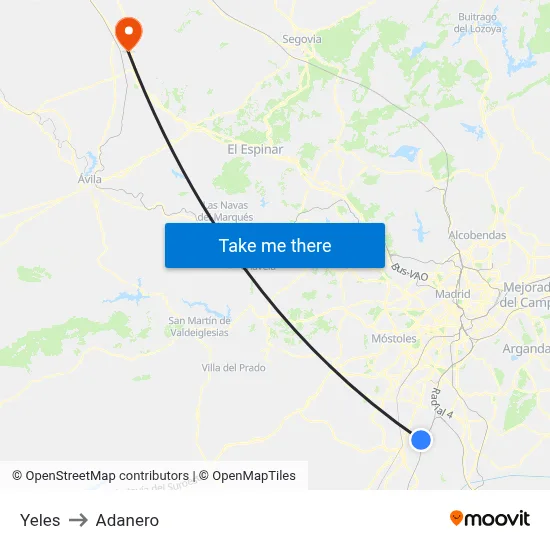 Yeles to Adanero map
