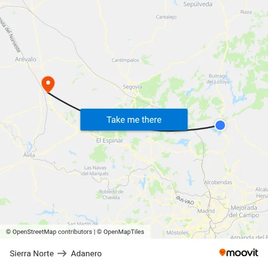 Sierra Norte to Adanero map