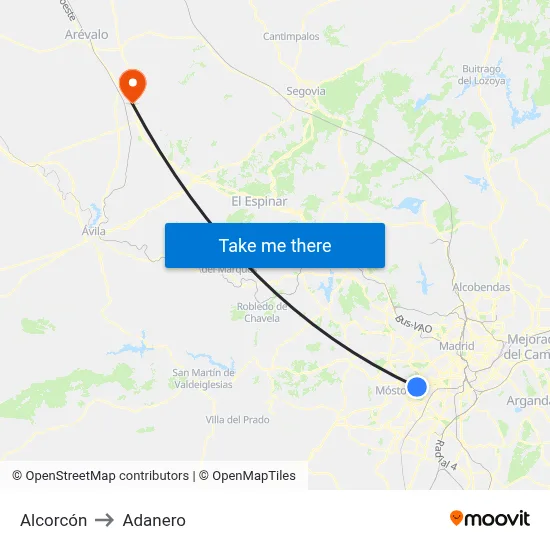Alcorcón to Adanero map
