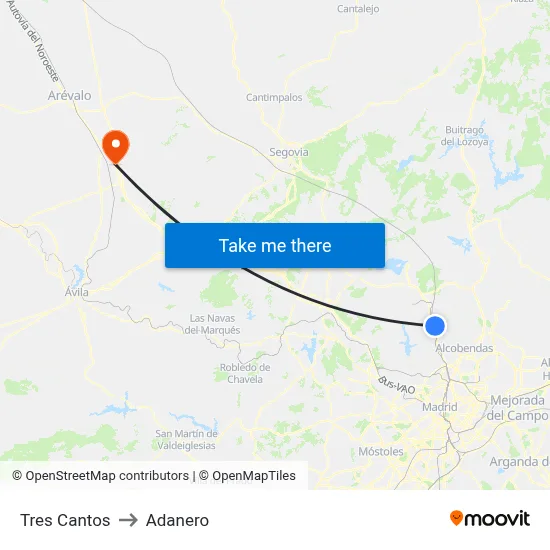 Tres Cantos to Adanero map