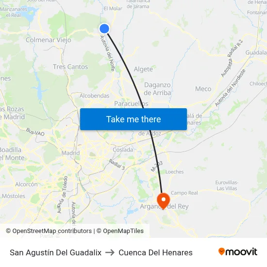 San Agustín Del Guadalix to Cuenca Del Henares map