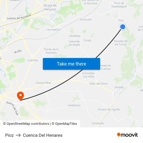 Pioz to Cuenca Del Henares map