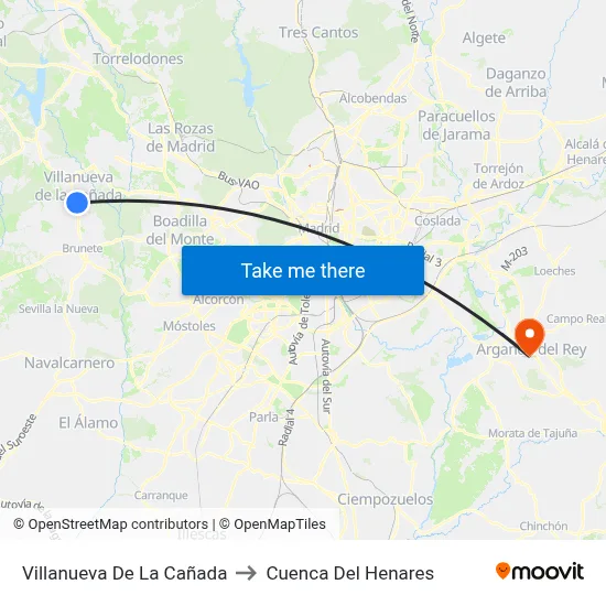 Villanueva De La Cañada to Cuenca Del Henares map
