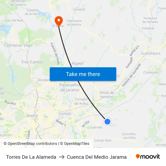 Torres De La Alameda to Cuenca Del Medio Jarama map