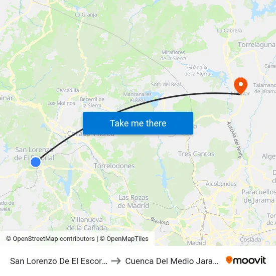 San Lorenzo De El Escorial to Cuenca Del Medio Jarama map