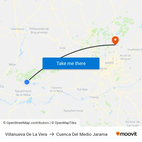 Villanueva De La Vera to Cuenca Del Medio Jarama map