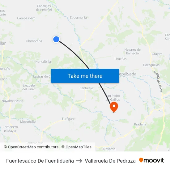 Fuentesaúco De Fuentidueña to Valleruela De Pedraza map