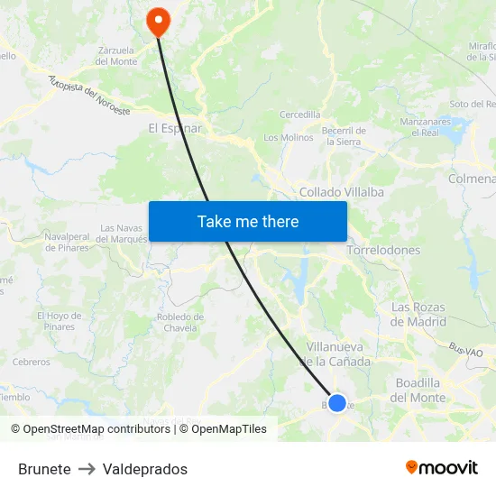 Brunete to Valdeprados map