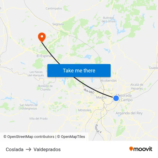 Coslada to Valdeprados map