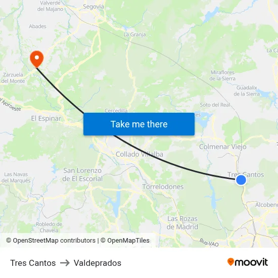 Tres Cantos to Valdeprados map