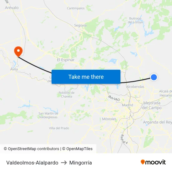 Valdeolmos-Alalpardo to Mingorría map