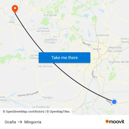 Ocaña to Mingorría map