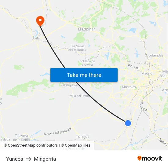 Yuncos to Mingorría map