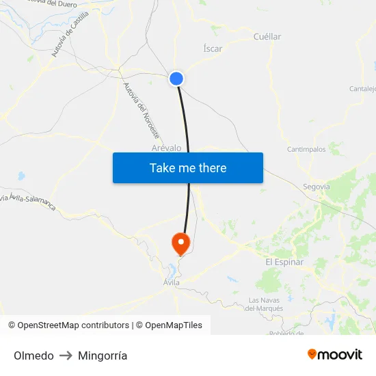Olmedo to Mingorría map