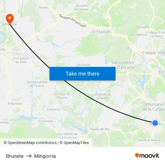 Brunete to Mingorría map