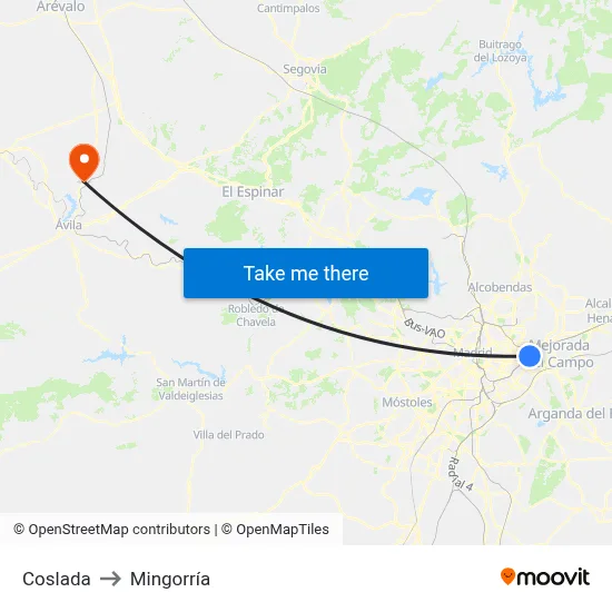 Coslada to Mingorría map
