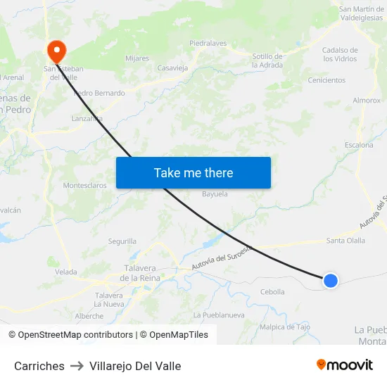 Carriches to Villarejo Del Valle map