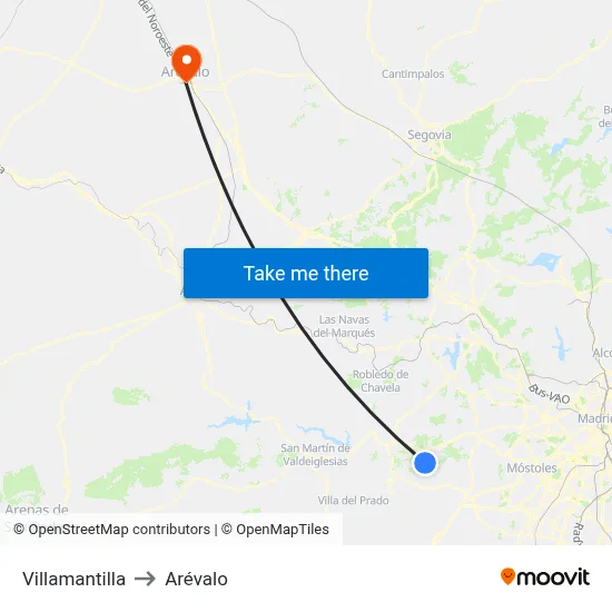 Villamantilla to Arévalo map