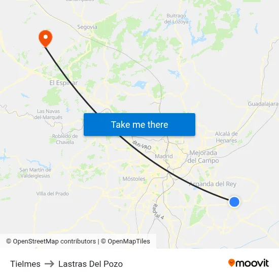 Tielmes to Lastras Del Pozo map
