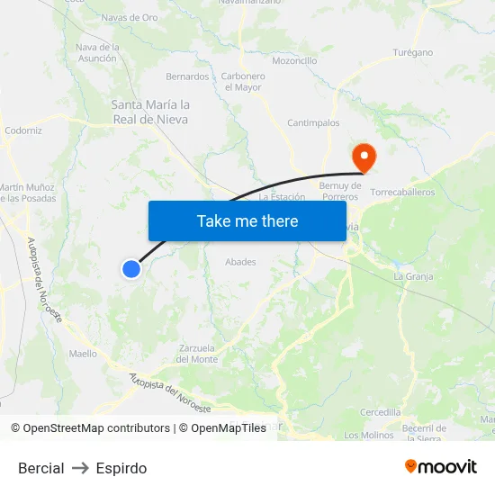 Bercial to Espirdo map