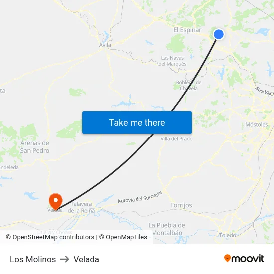 Los Molinos to Velada map