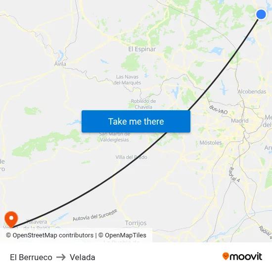 El Berrueco to Velada map