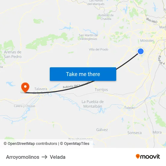 Arroyomolinos to Velada map