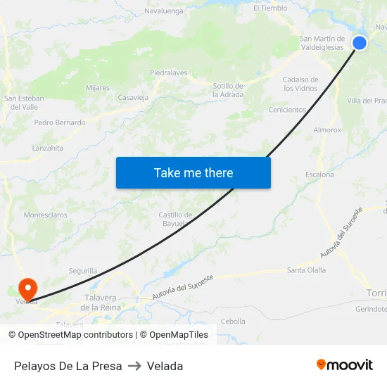 Pelayos De La Presa to Velada map