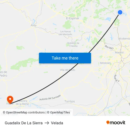 Guadalix De La Sierra to Velada map