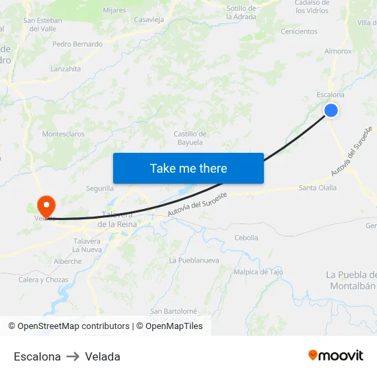 Escalona to Velada map