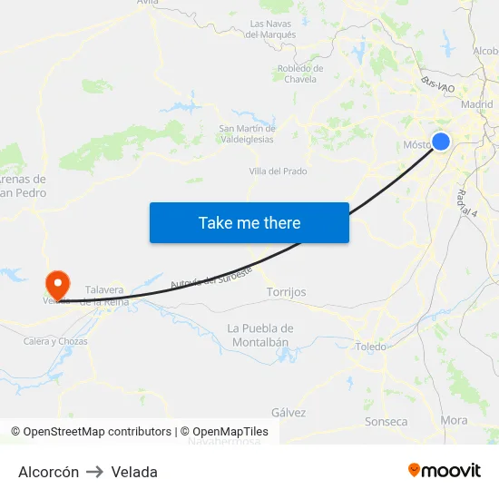 Alcorcón to Velada map