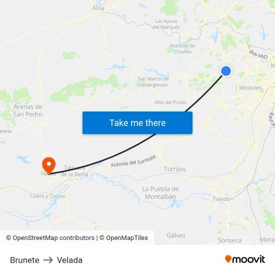 Brunete to Velada map