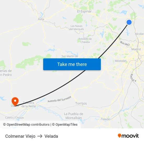 Colmenar Viejo to Velada map