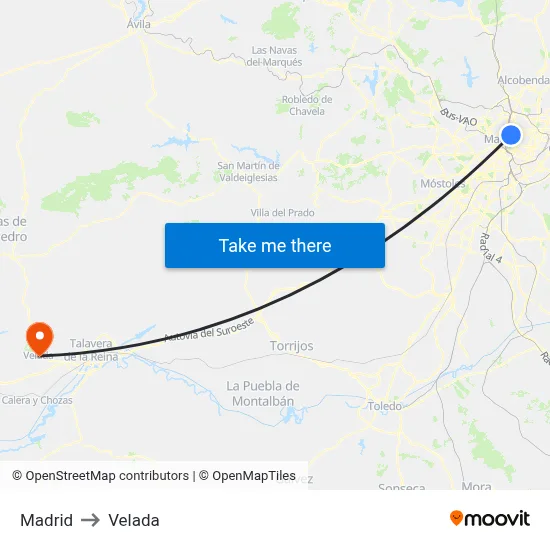 Madrid to Velada map