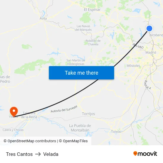 Tres Cantos to Velada map